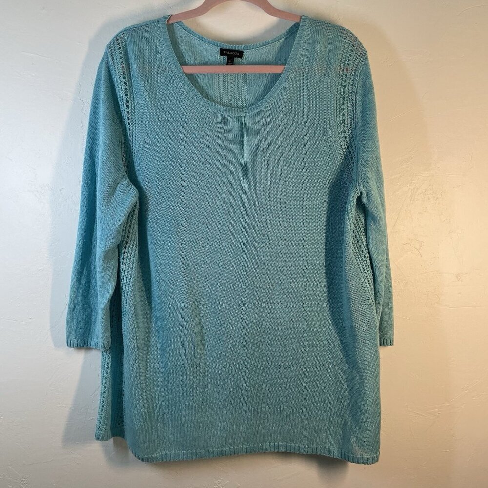 Talbots Womens Linen Knit Sweater Aqua Pullover Lagenlook Beachy Coastal Size XL
